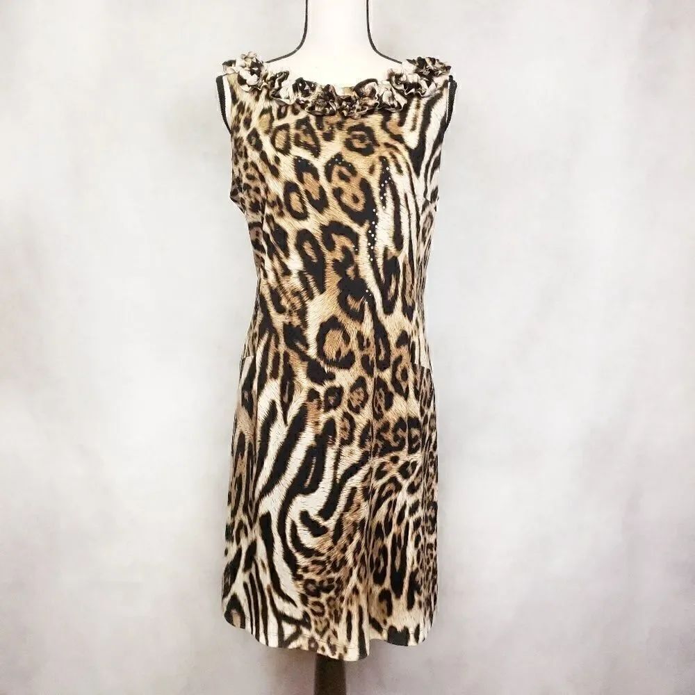 MSK sleeveless cheetah print brown black dress